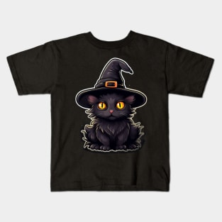 Black Cat In Witches Hat - Black Cats Spooky Halloween Kids T-Shirt